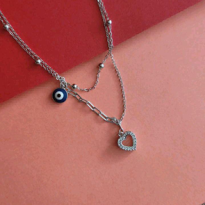 Two Layer Evil Eye  Heart Necklace 